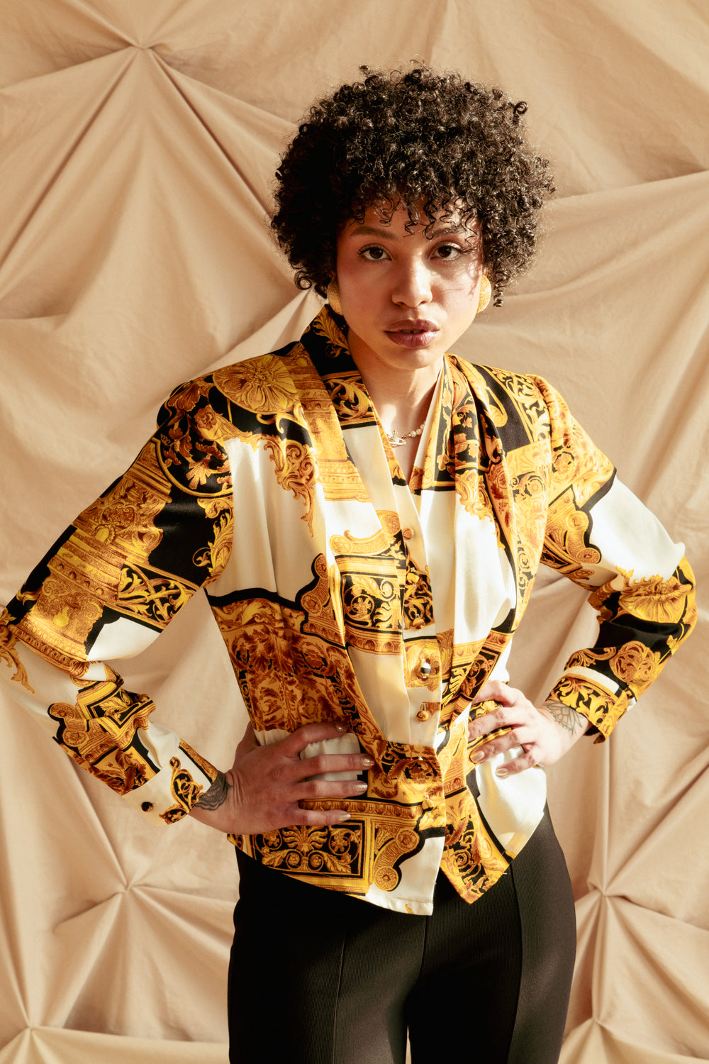 Vintage 80s Gold and Black Printed Blouse