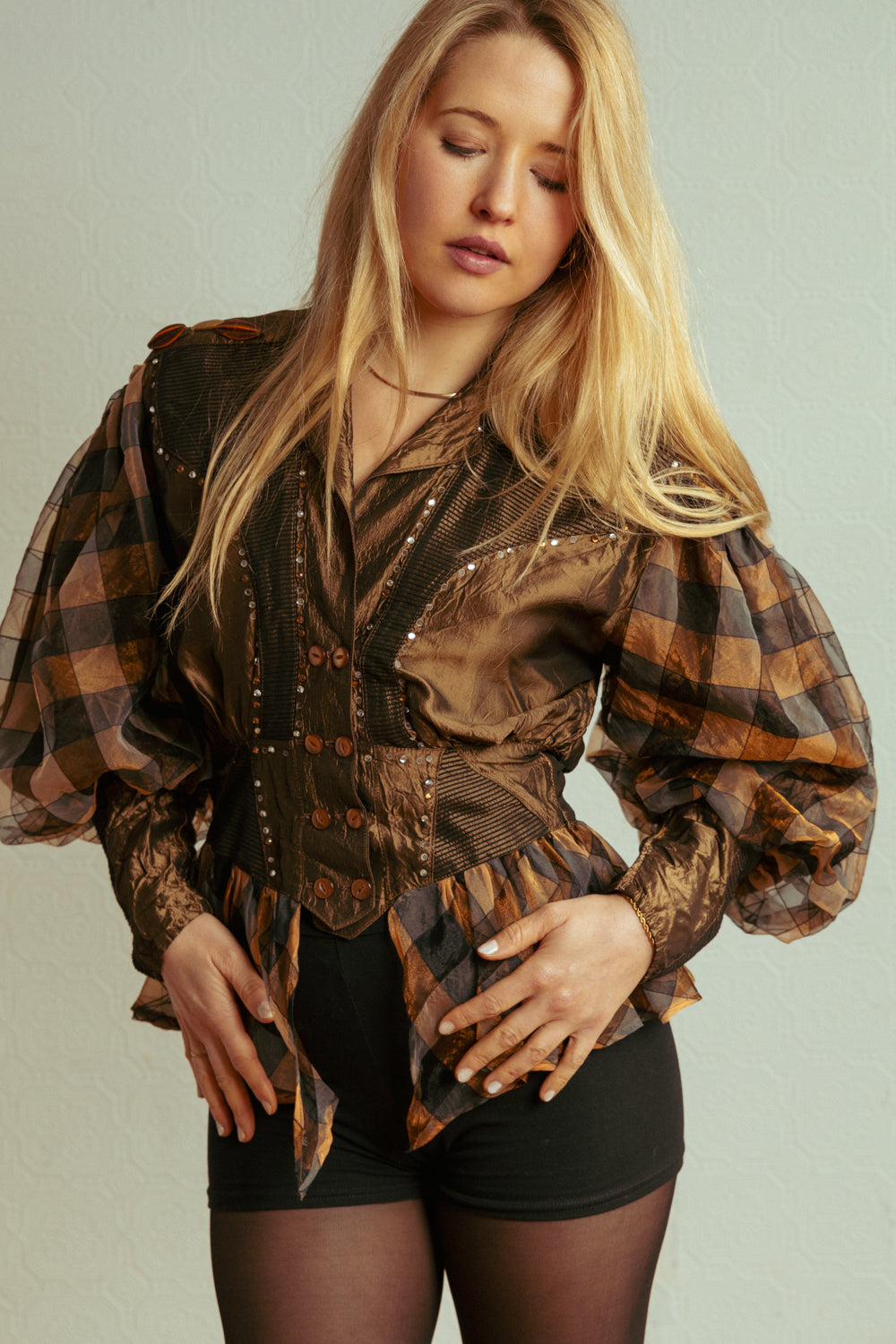 Unique 80s Blouse with Taffeta Fabrics and Peplum