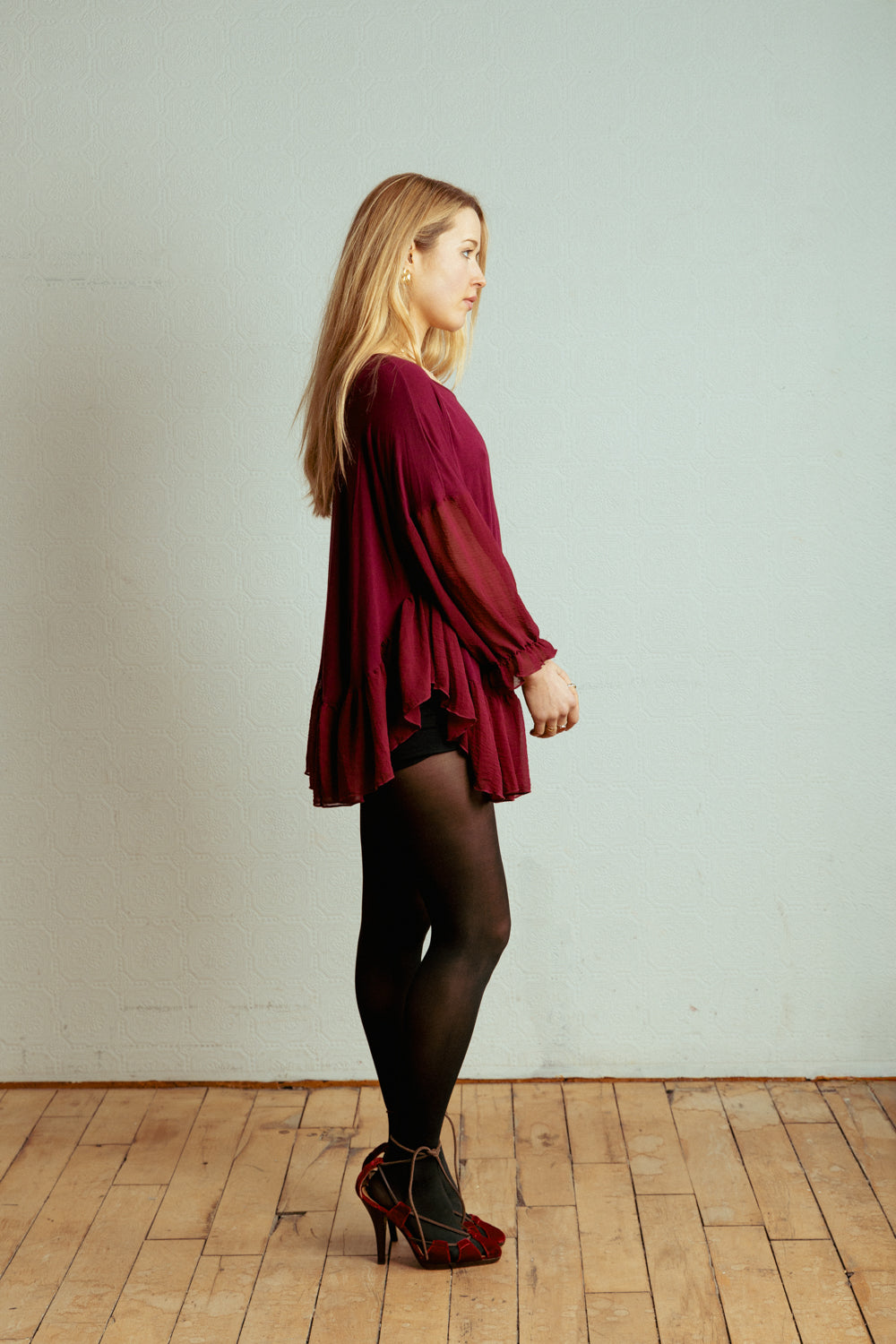 Deep Red Boho Shirt with Ruffle Hem