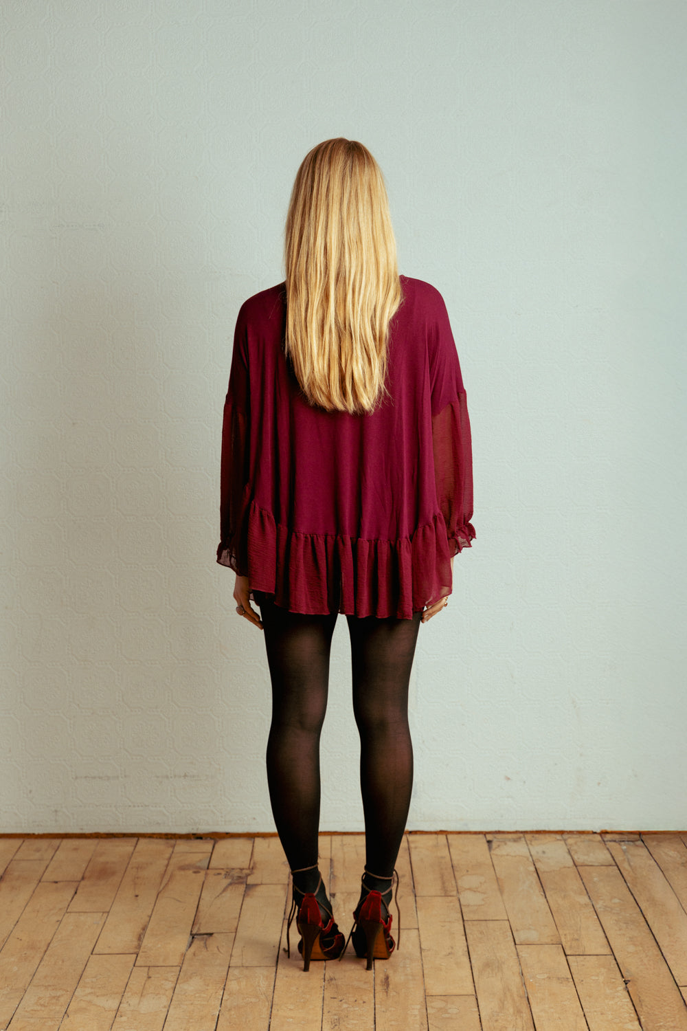 Deep Red Boho Shirt with Ruffle Hem