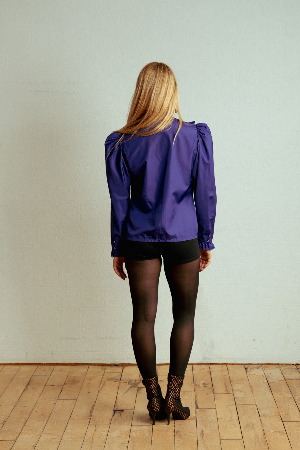 Vintage 80s Lightweight Purple Blouse with Poofy Sleeves and High Neck