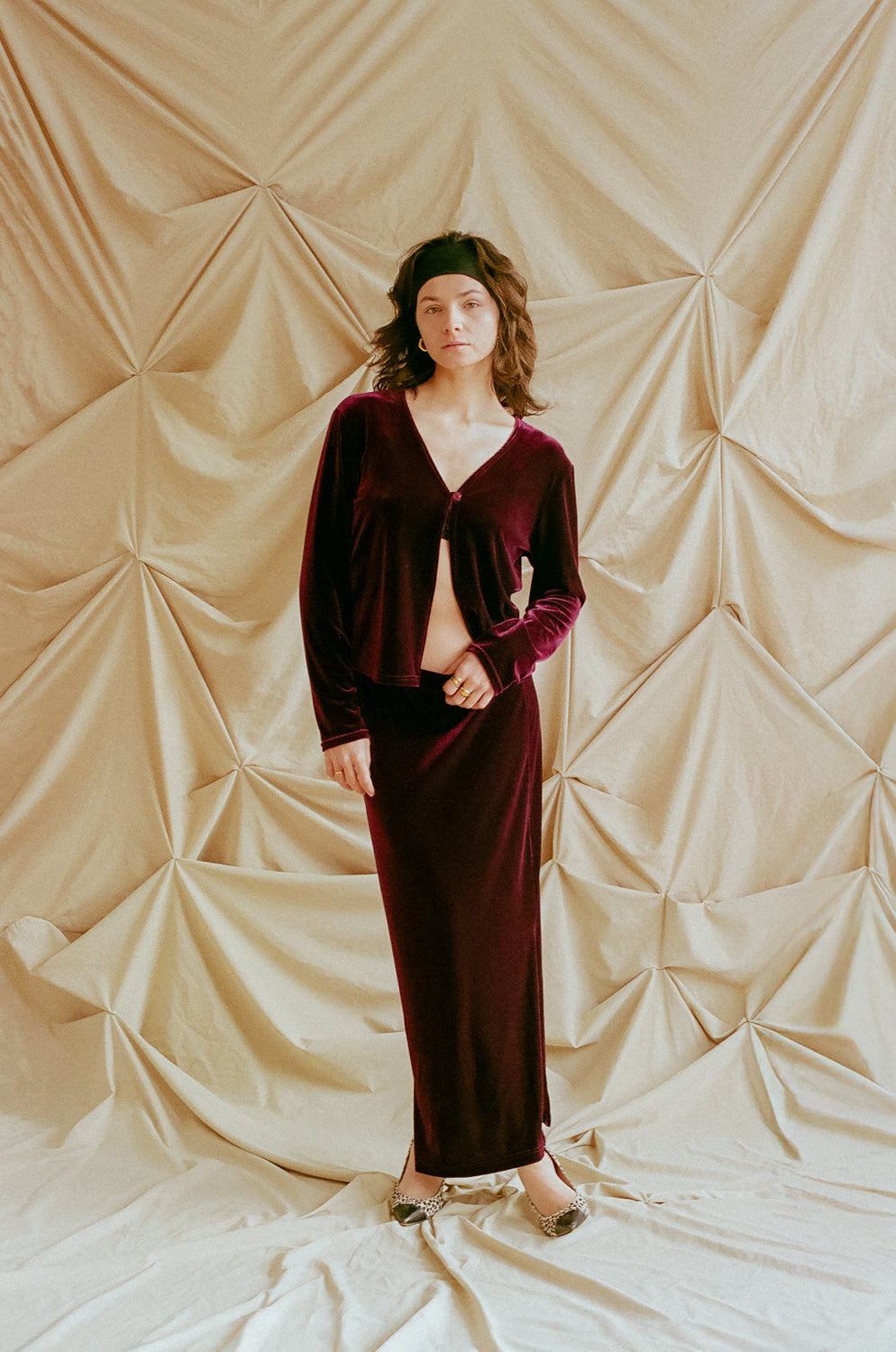 Vintage 90s Two-Piece Red Velvet Set – Skirt and Cardigan