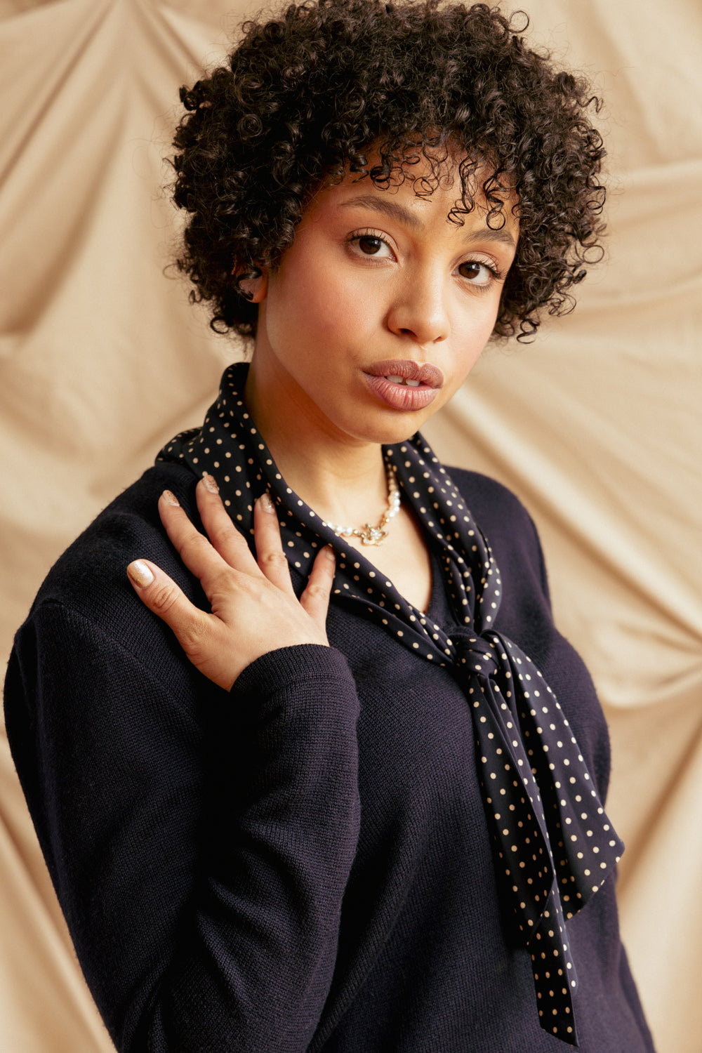 Vintage 70s Valentino Navy Blue Sweater with Silk Neck Tie