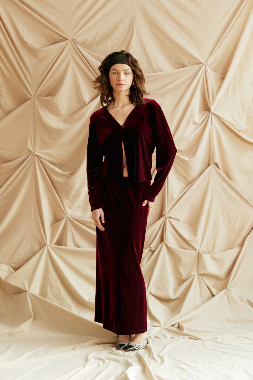 Vintage 90s Two-Piece Red Velvet Set – Skirt and Cardigan