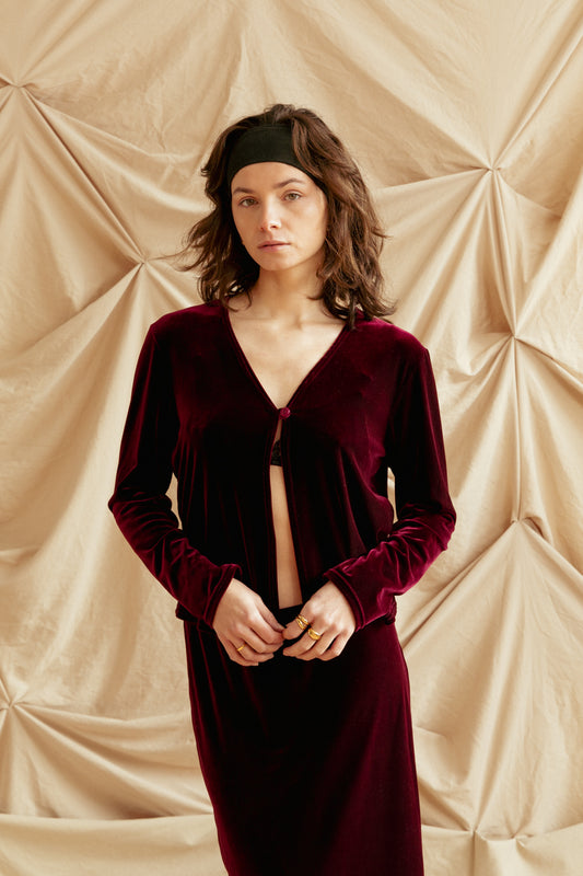 Vintage 90s Two-Piece Red Velvet Set – Skirt and Cardigan