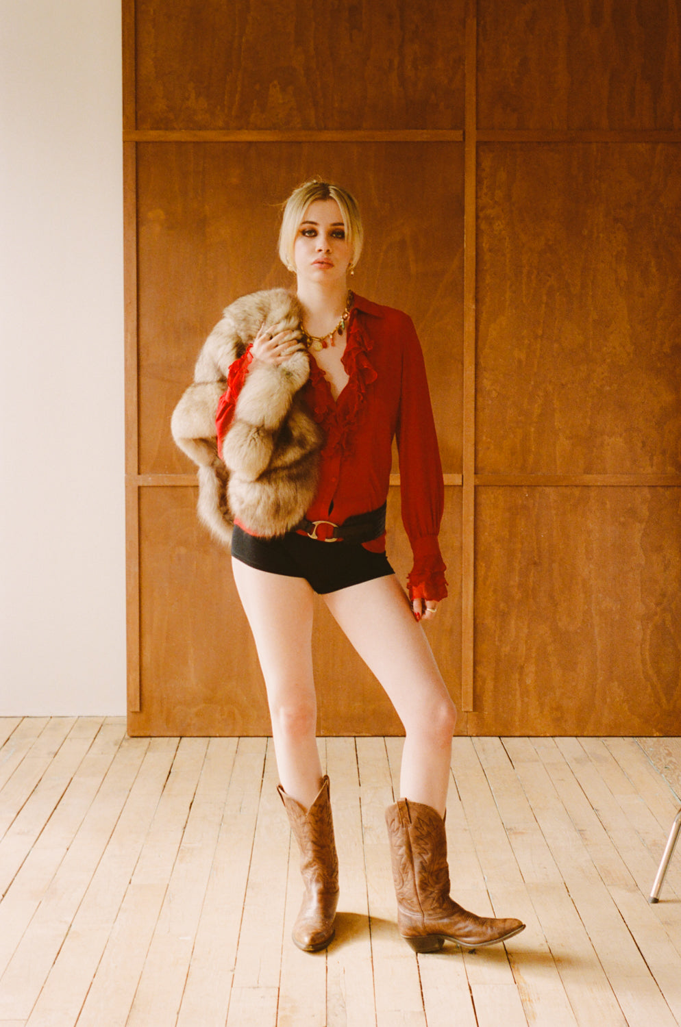 Vintage Red Silk Ruffle Blouse