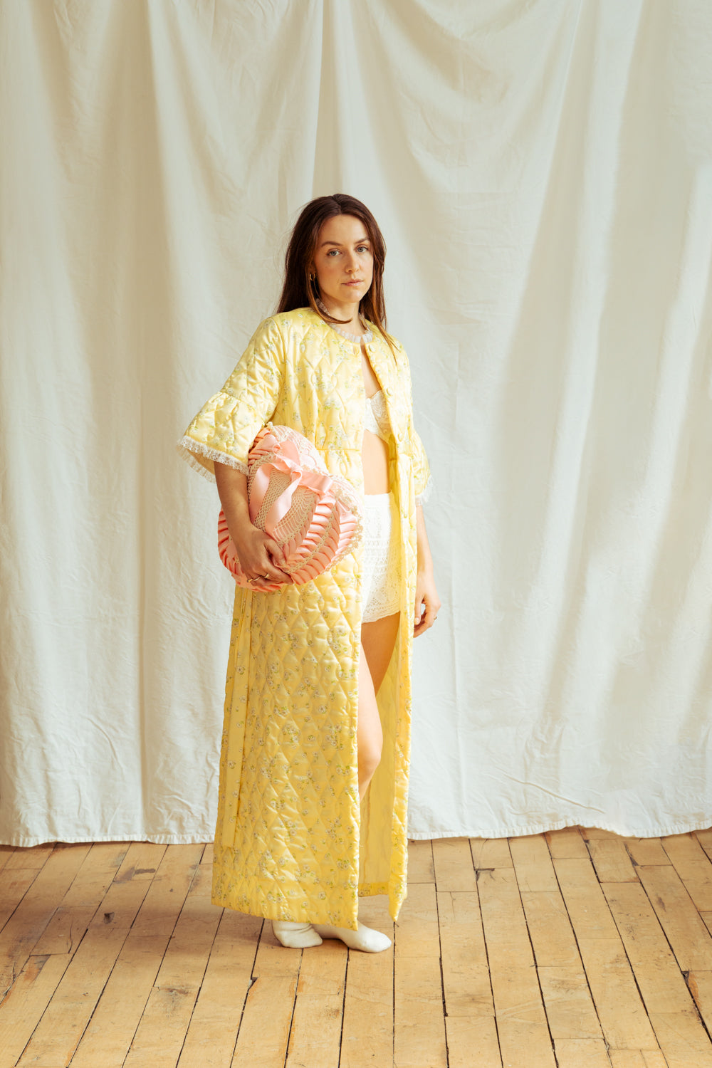 Vintage 70’s Pastel Yellow Quilted Maxi Coat
