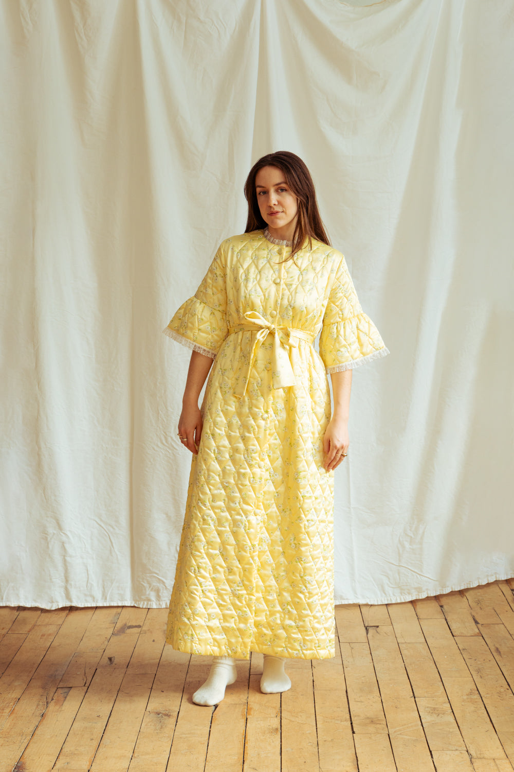 Vintage 70’s Pastel Yellow Quilted Maxi Coat