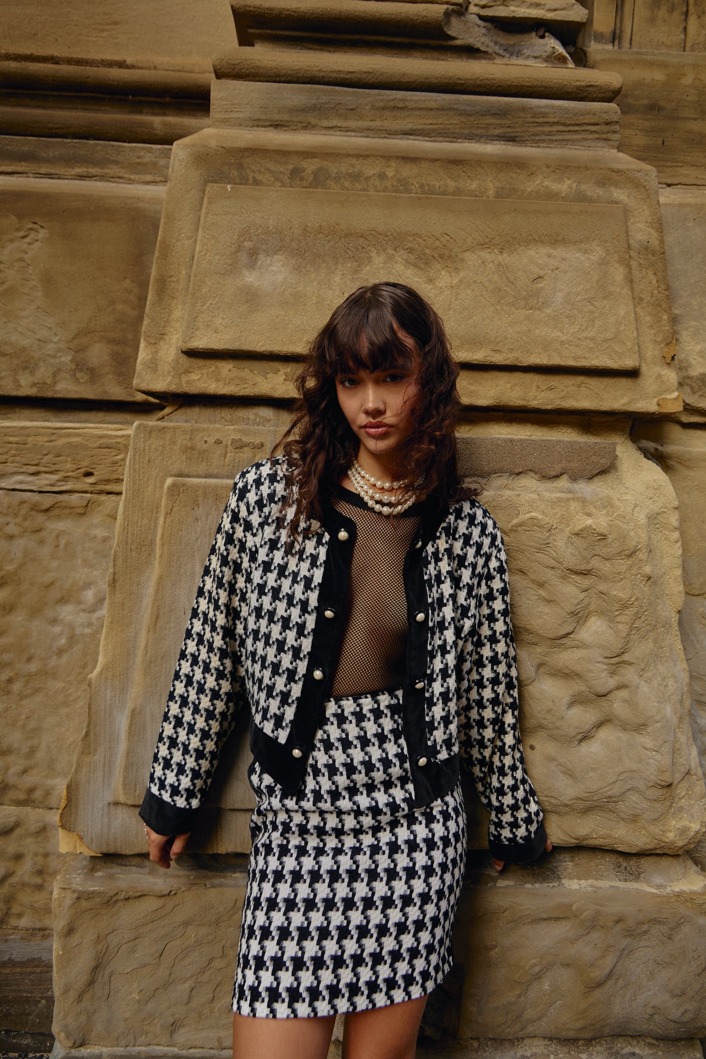 Vintage Houndstooth Matching Set - Skirt and Blazer