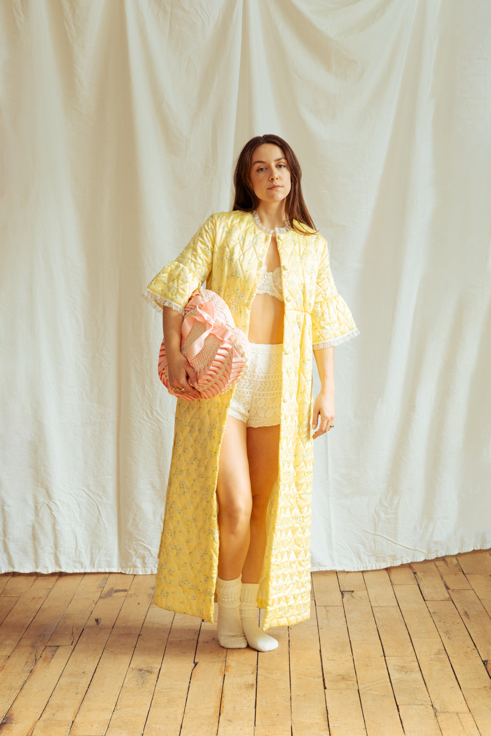 Vintage 70’s Pastel Yellow Quilted Maxi Coat