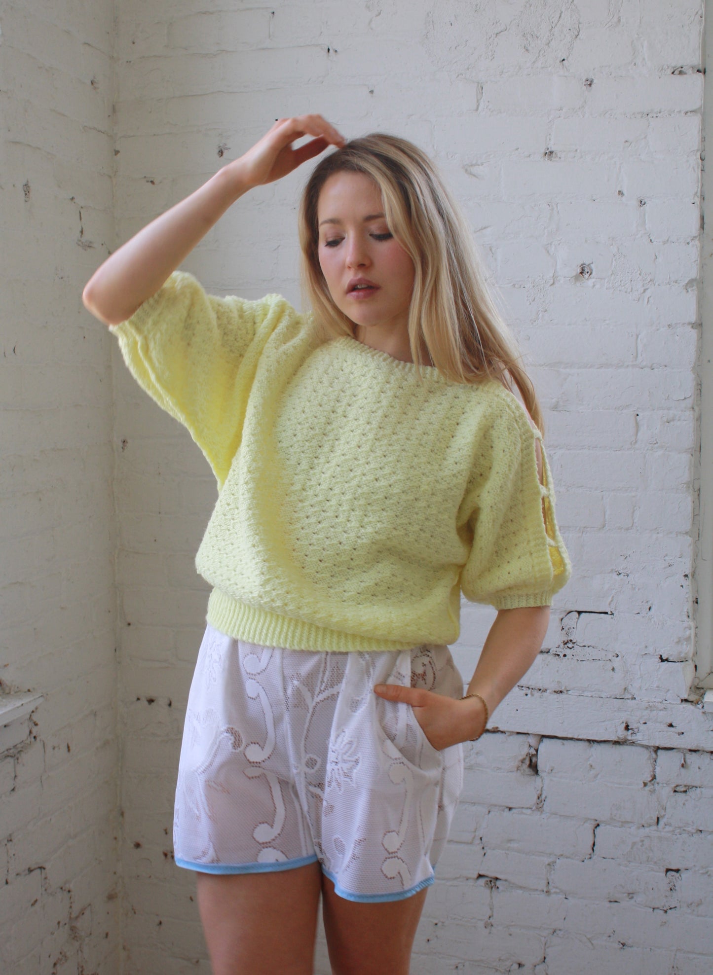 Vintage handmade pastel yellow knit sweater