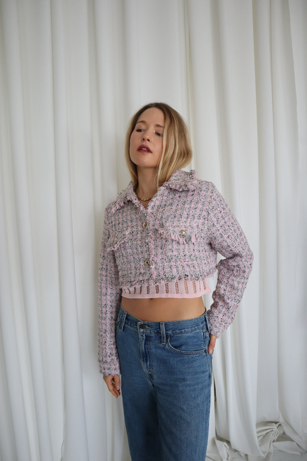 Ultra Cropped Pink Tweed Blazer