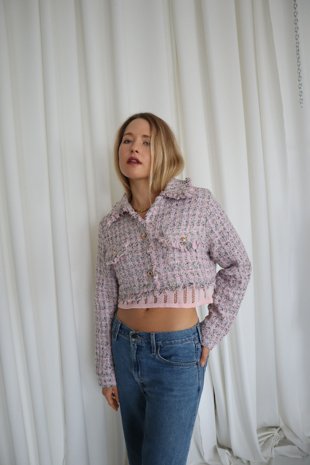 Ultra Cropped Pink Tweed Blazer