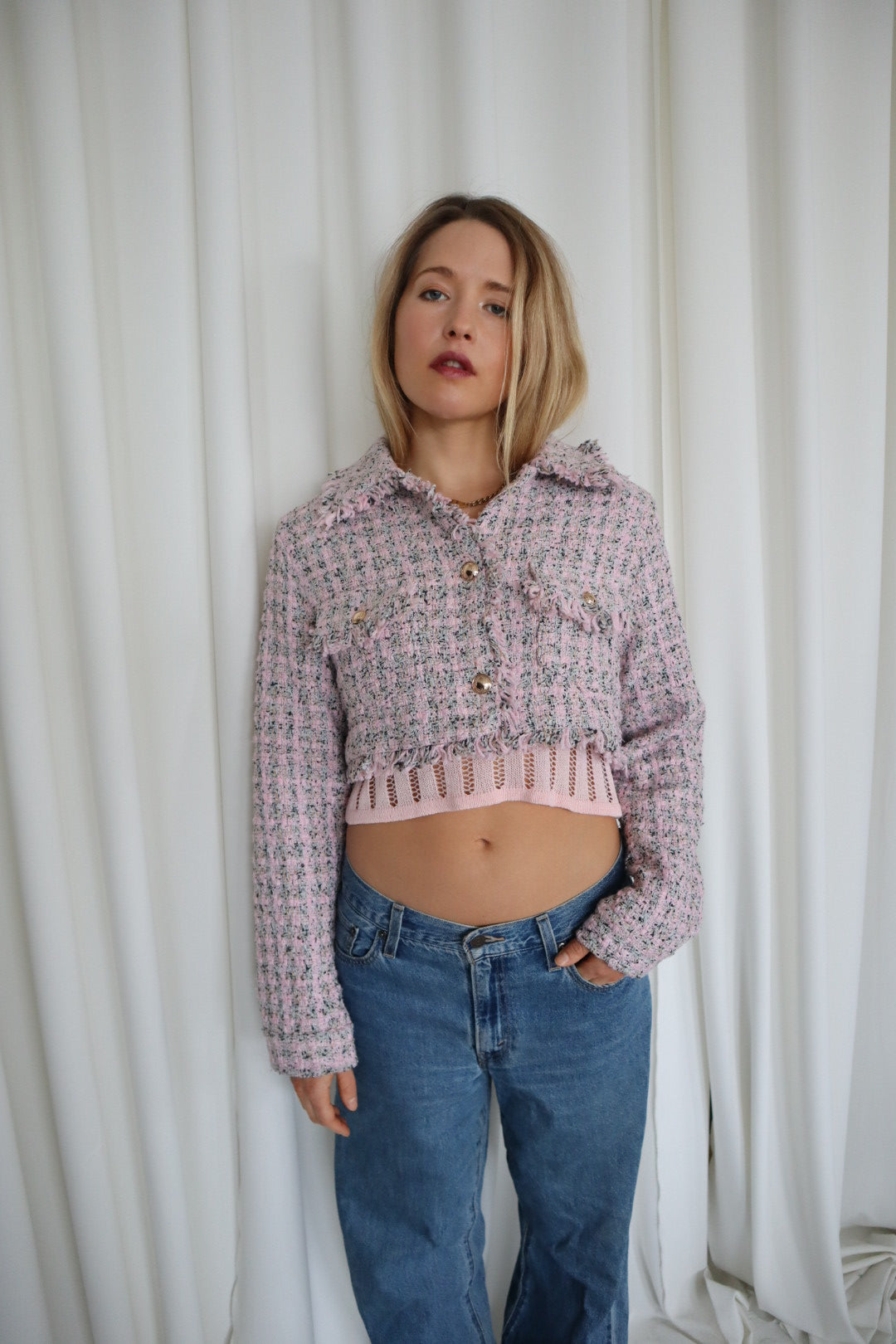 Ultra Cropped Pink Tweed Blazer