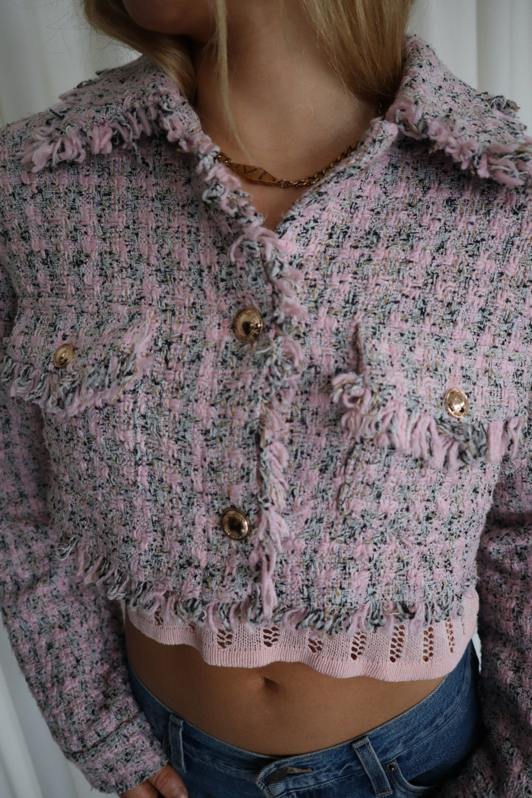 Ultra Cropped Pink Tweed Blazer