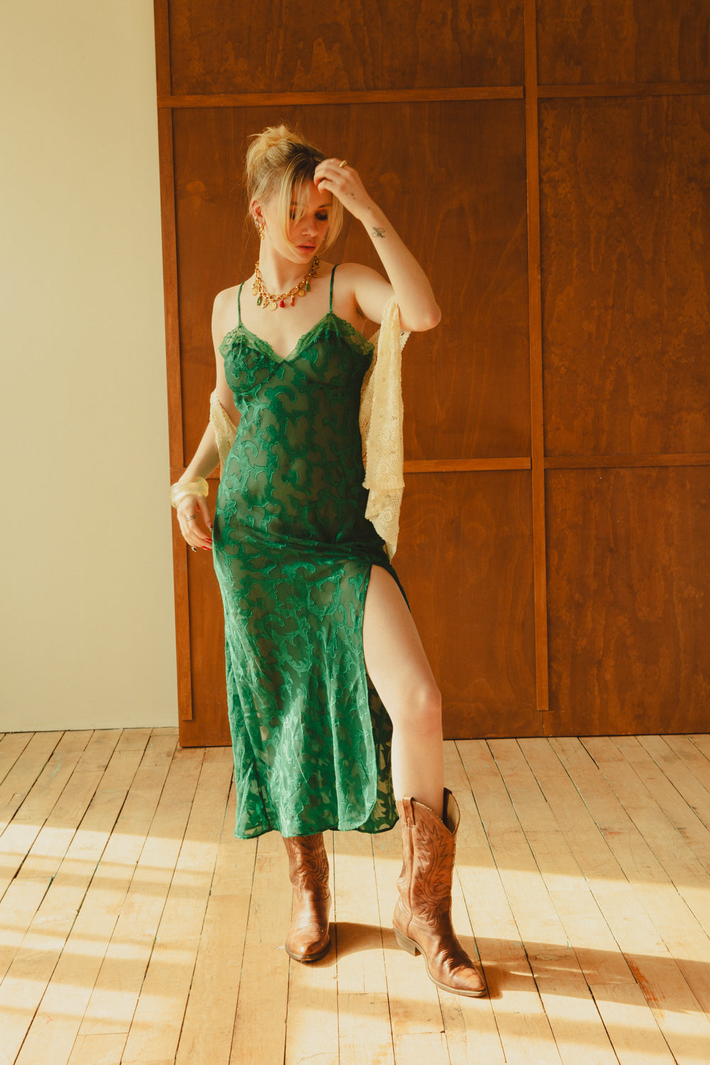 Vintage 90's Emerald Green Sheer Slip Dress