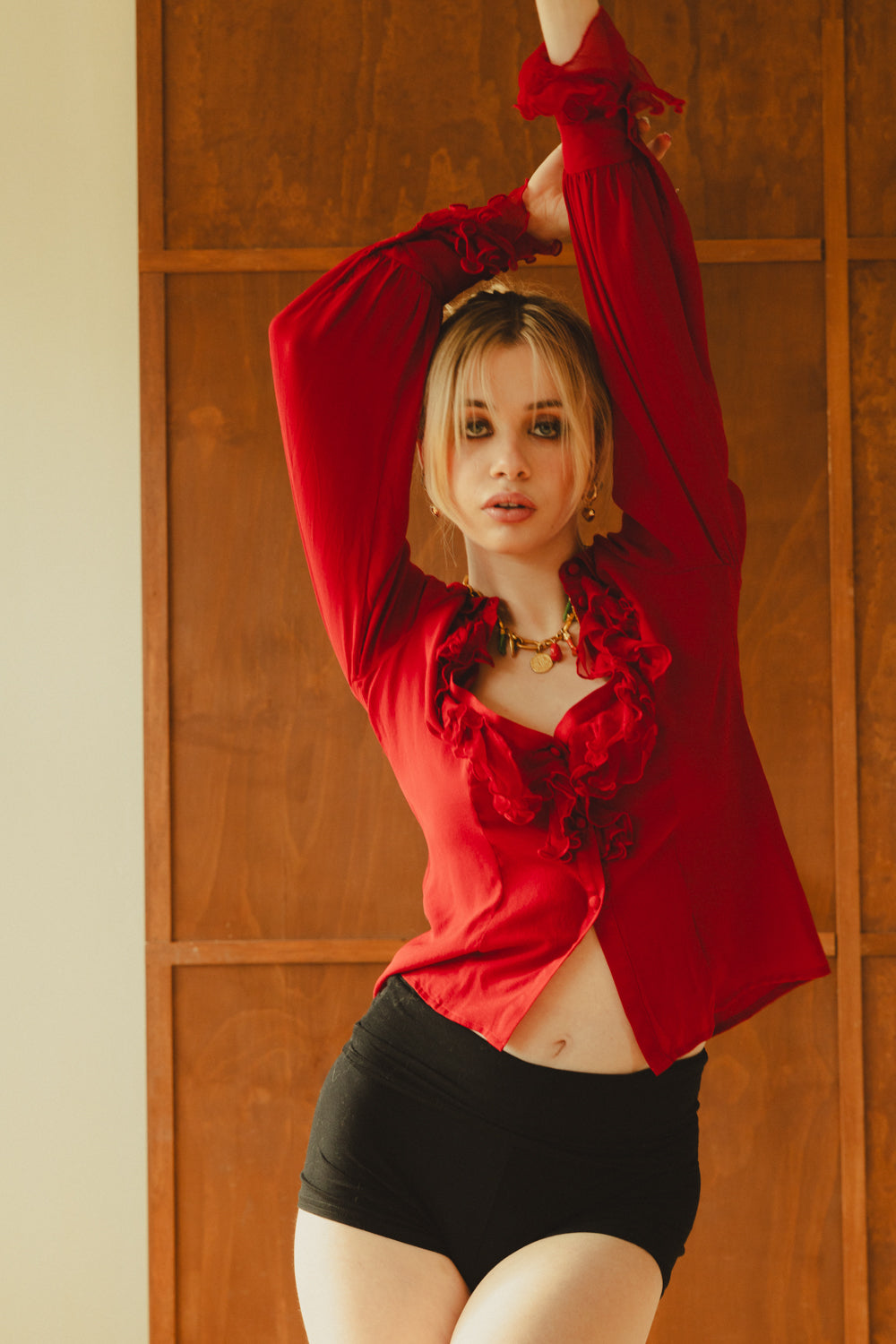 Vintage Red Silk Ruffle Blouse