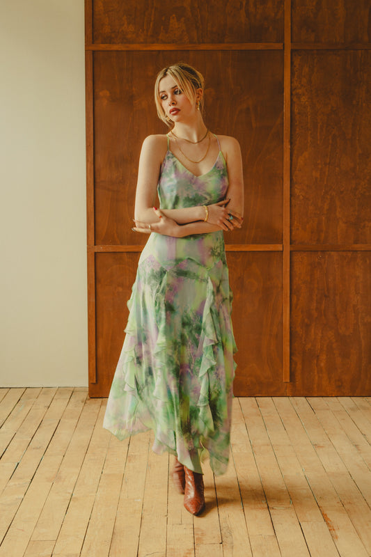 Vintage Romantic Watercolor Dress with Ruffles