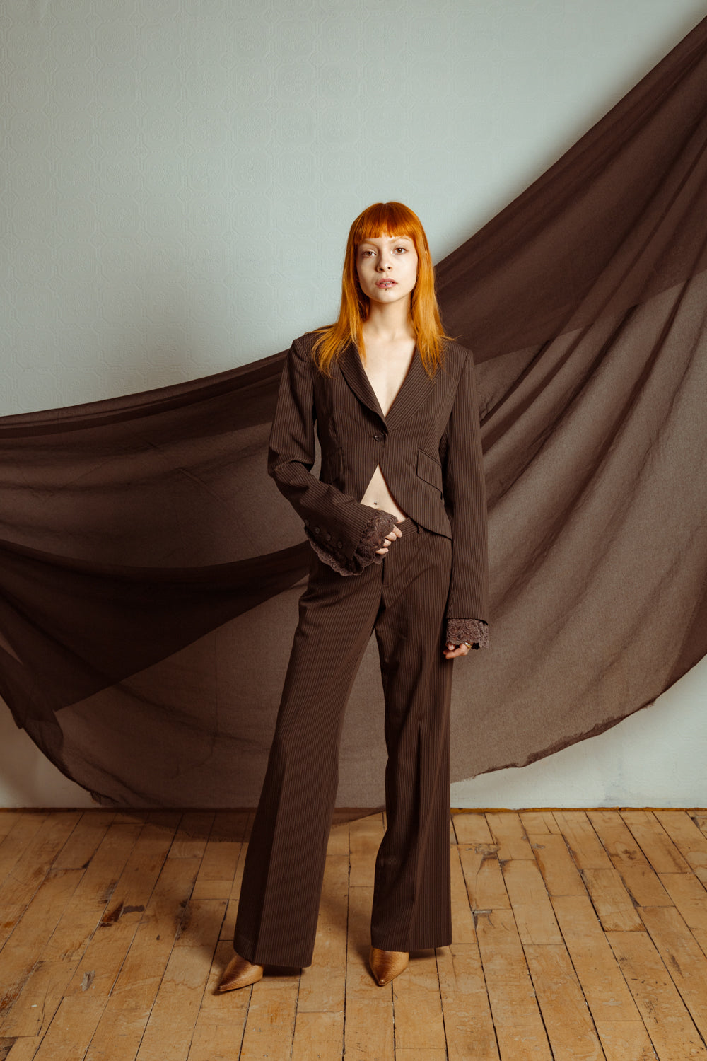 Vintage Y2K Three-Piece Brown Striped Suit