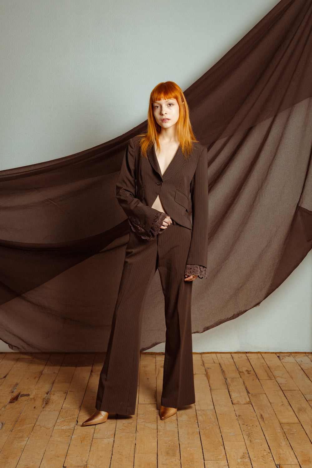 Vintage Y2K Three-Piece Brown Striped Suit