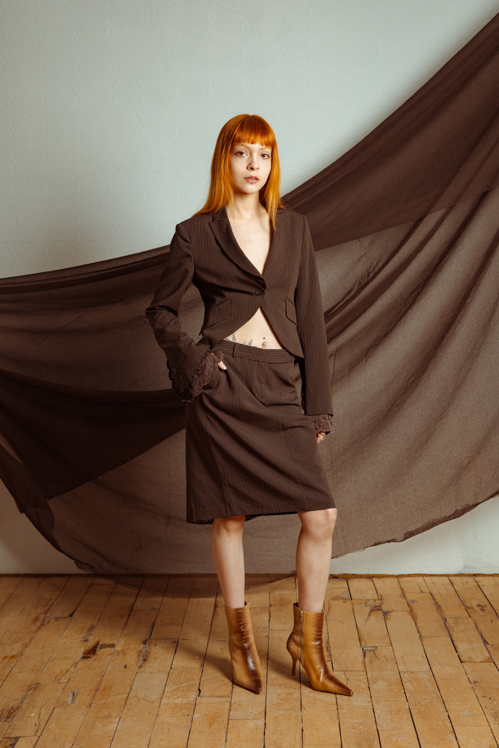 Vintage Y2K Three-Piece Brown Striped Suit