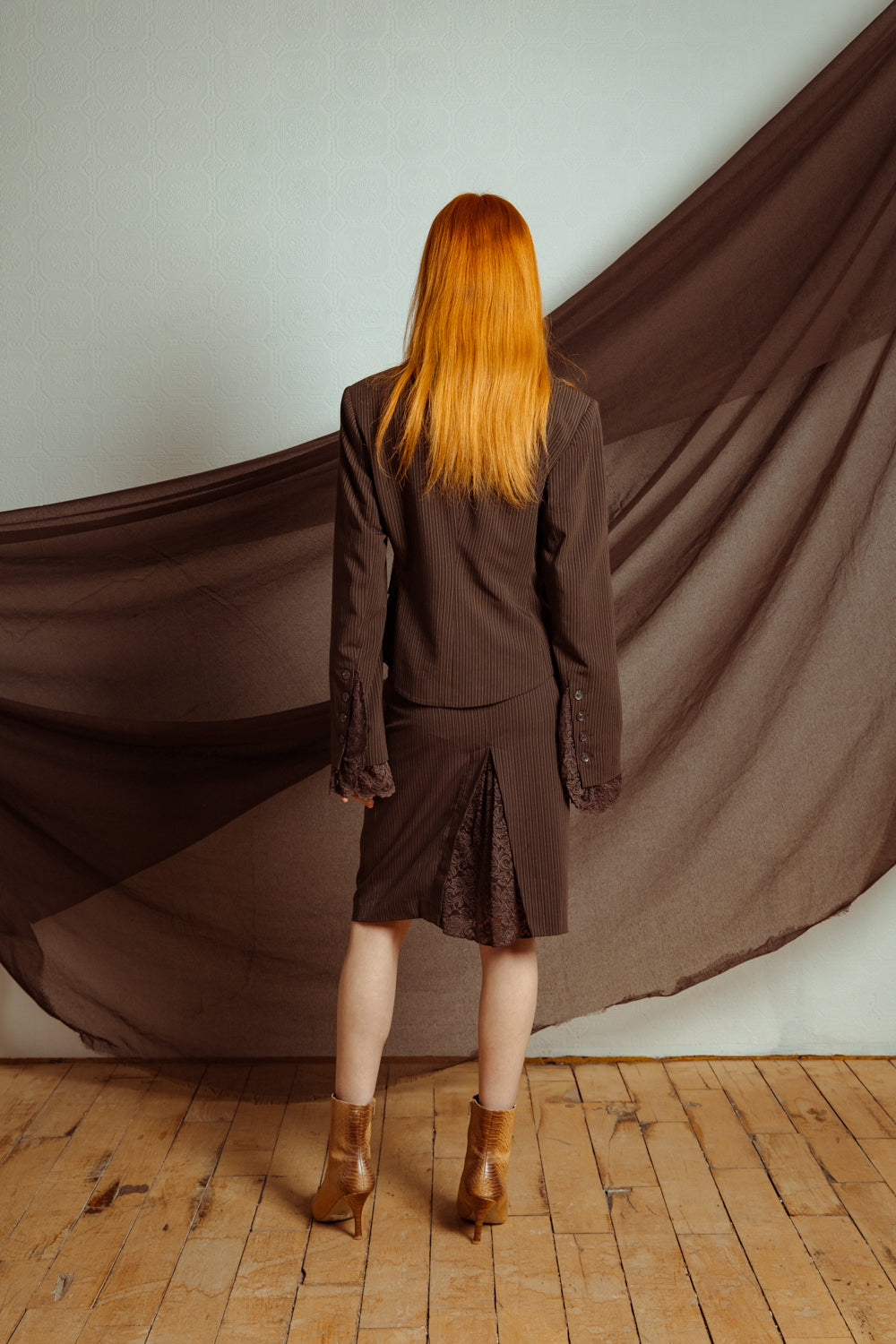 Vintage Y2K Three-Piece Brown Striped Suit