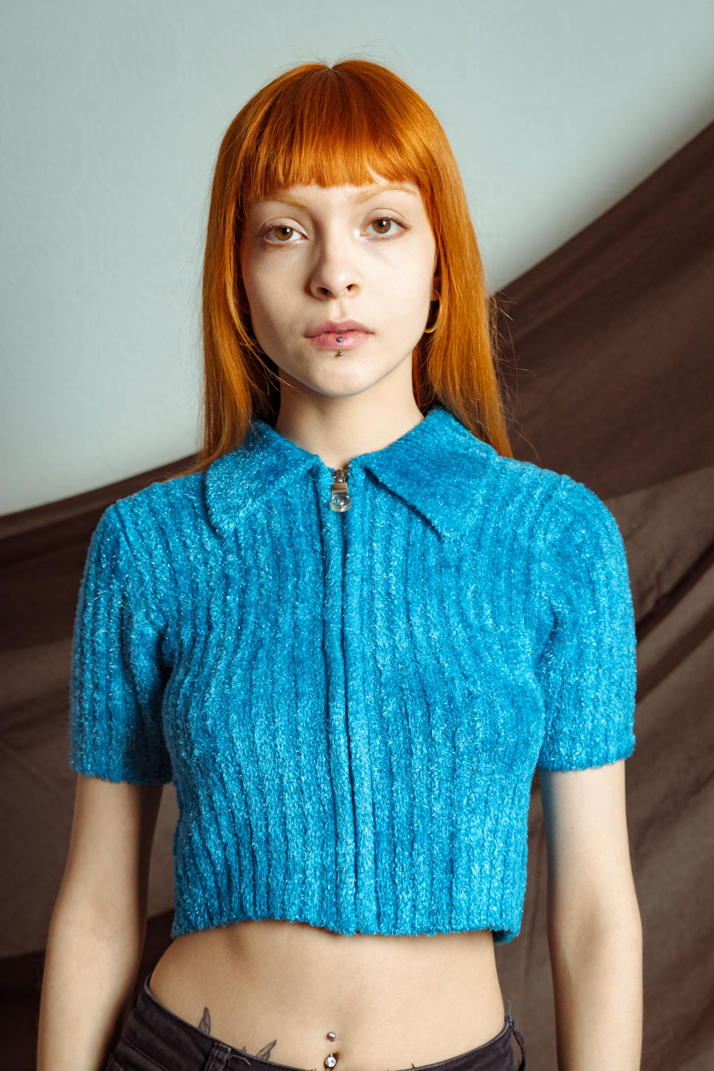 Vintage Y2K Cropped Blue Sparkly Polo