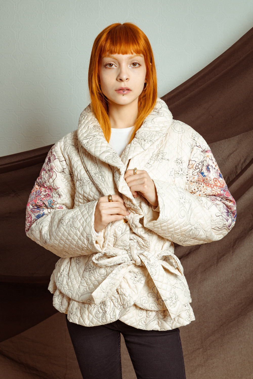 Vintage Y2K Embroidered Puffer Jacket with Ruffle Neckline