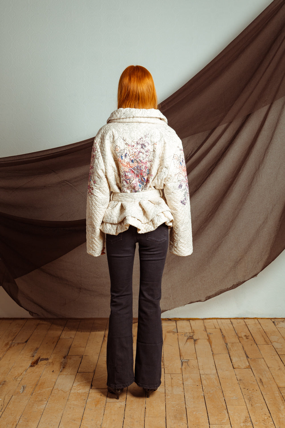 Vintage Y2K Embroidered Puffer Jacket with Ruffle Neckline