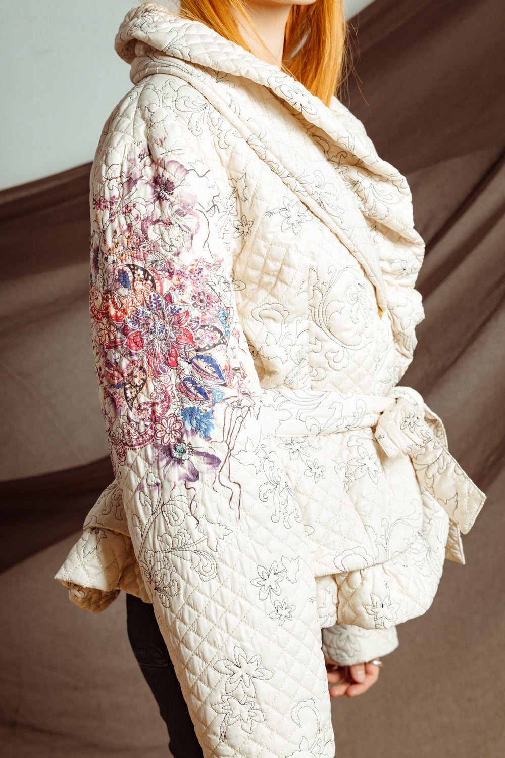 Vintage Y2K Embroidered Puffer Jacket with Ruffle Neckline