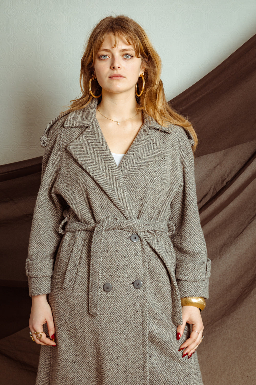 Vintage 70s Unisex Double-Breasted Grey Tweed Coat with Belt