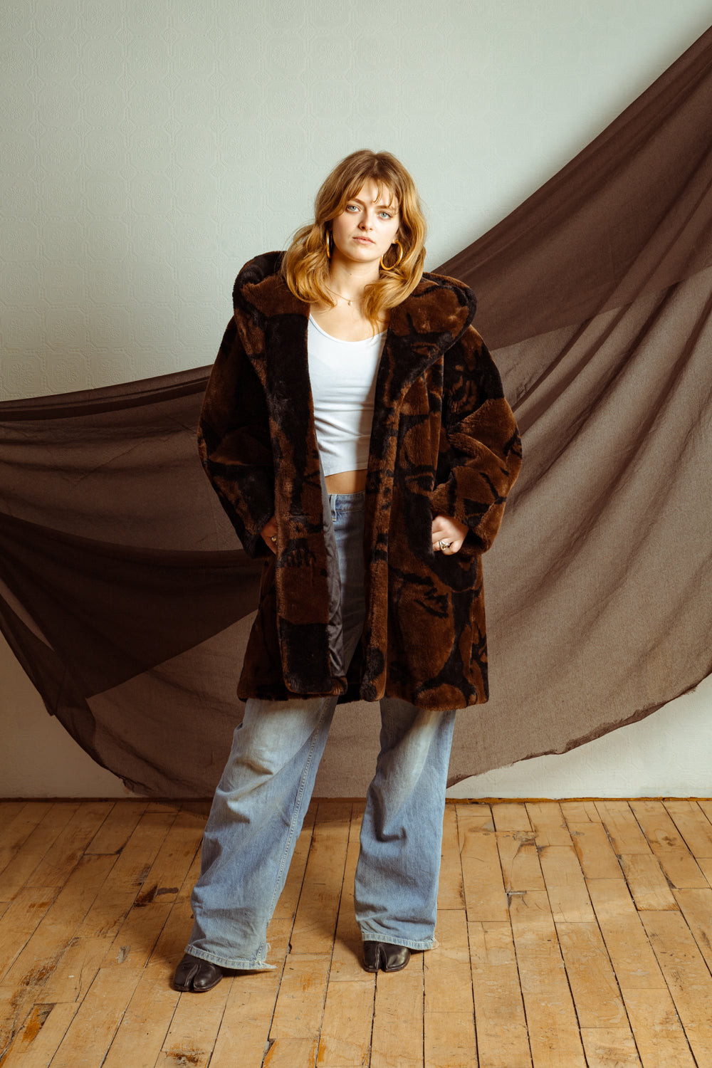 Vintage 80s Brown and Black Fuzzy Coat with Hood