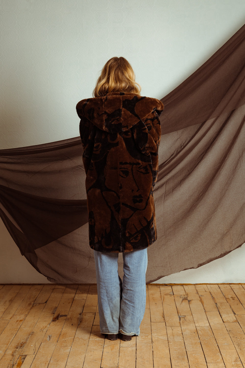 Vintage 80s Brown and Black Fuzzy Coat with Hood