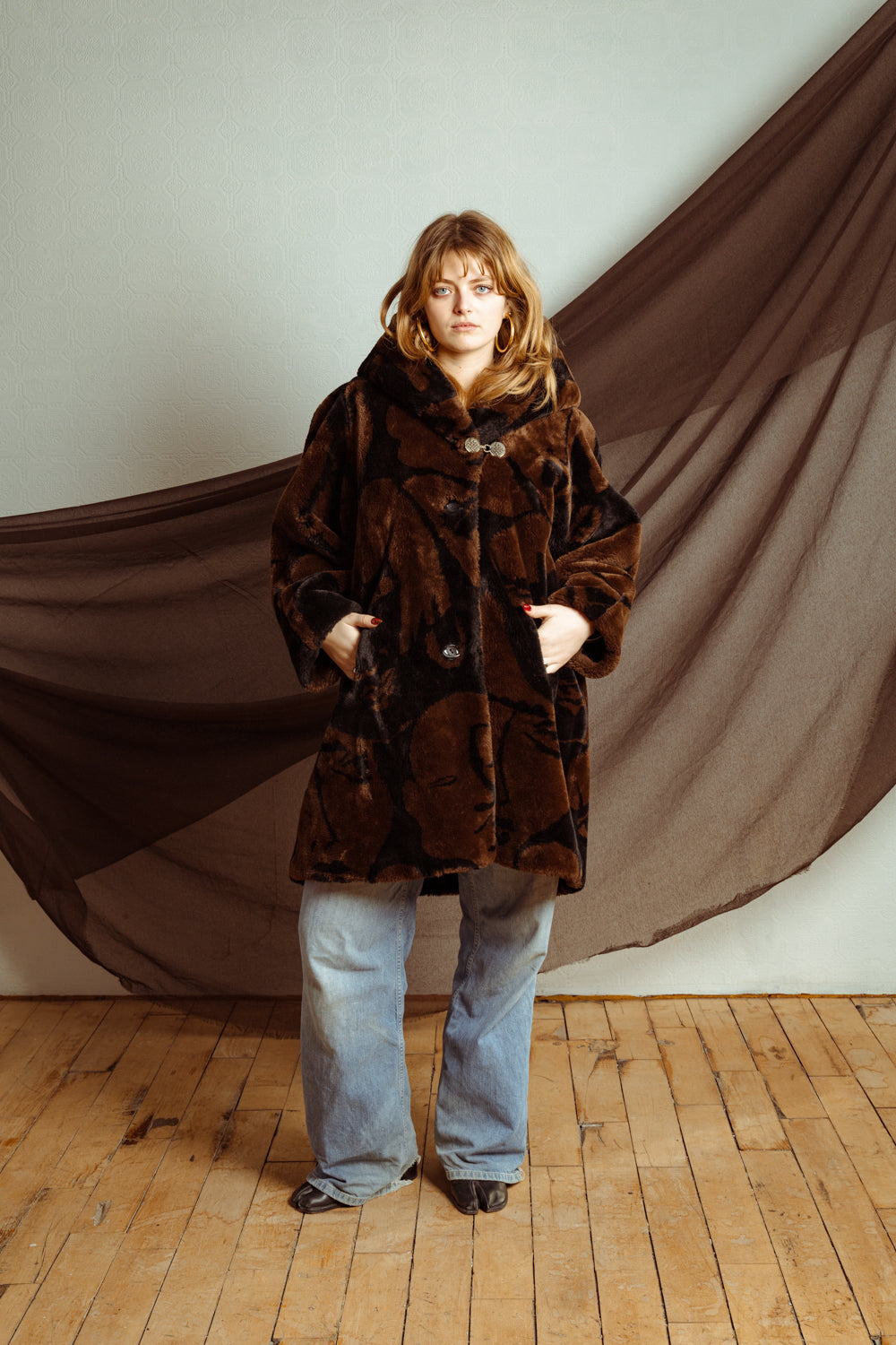 Vintage 80s Brown and Black Fuzzy Coat with Hood