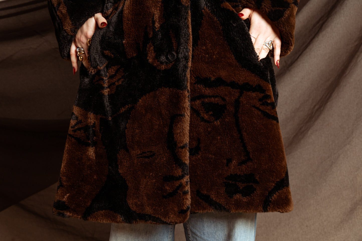 Vintage 80s Brown and Black Fuzzy Coat with Hood