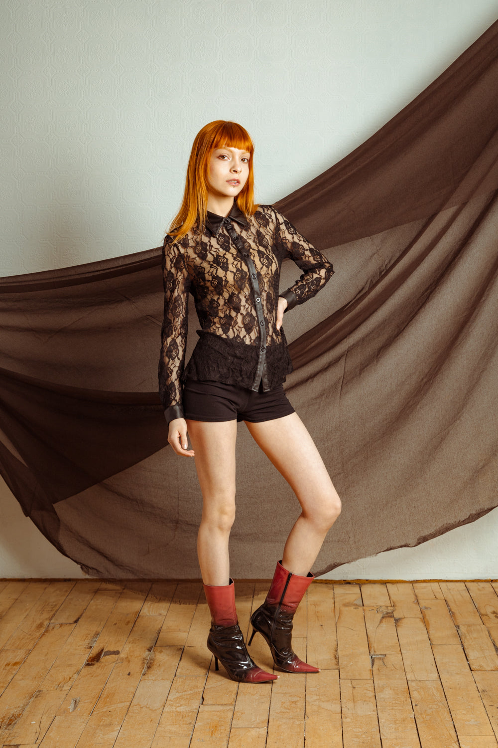 Vintage Y2K Sheer Black Lace Blouse with Faux Leather Details