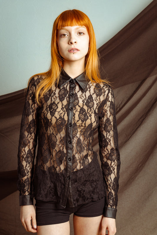 Vintage Y2K Sheer Black Lace Blouse with Faux Leather Details