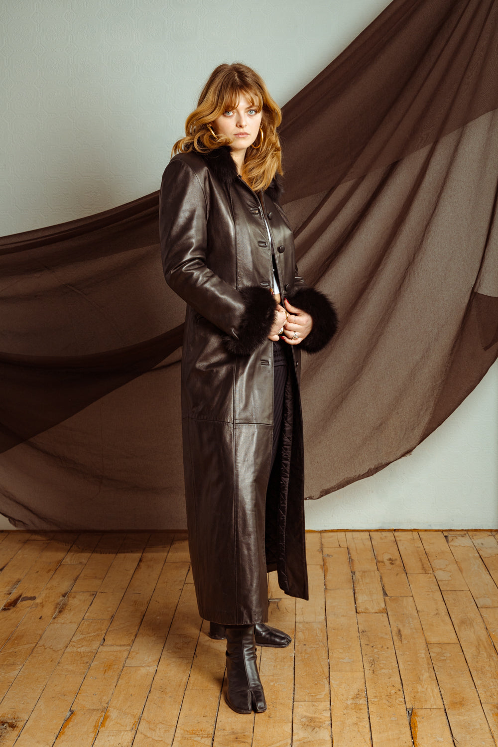 Vintage Late 80s Long Black Leather Coat with Fur Collar