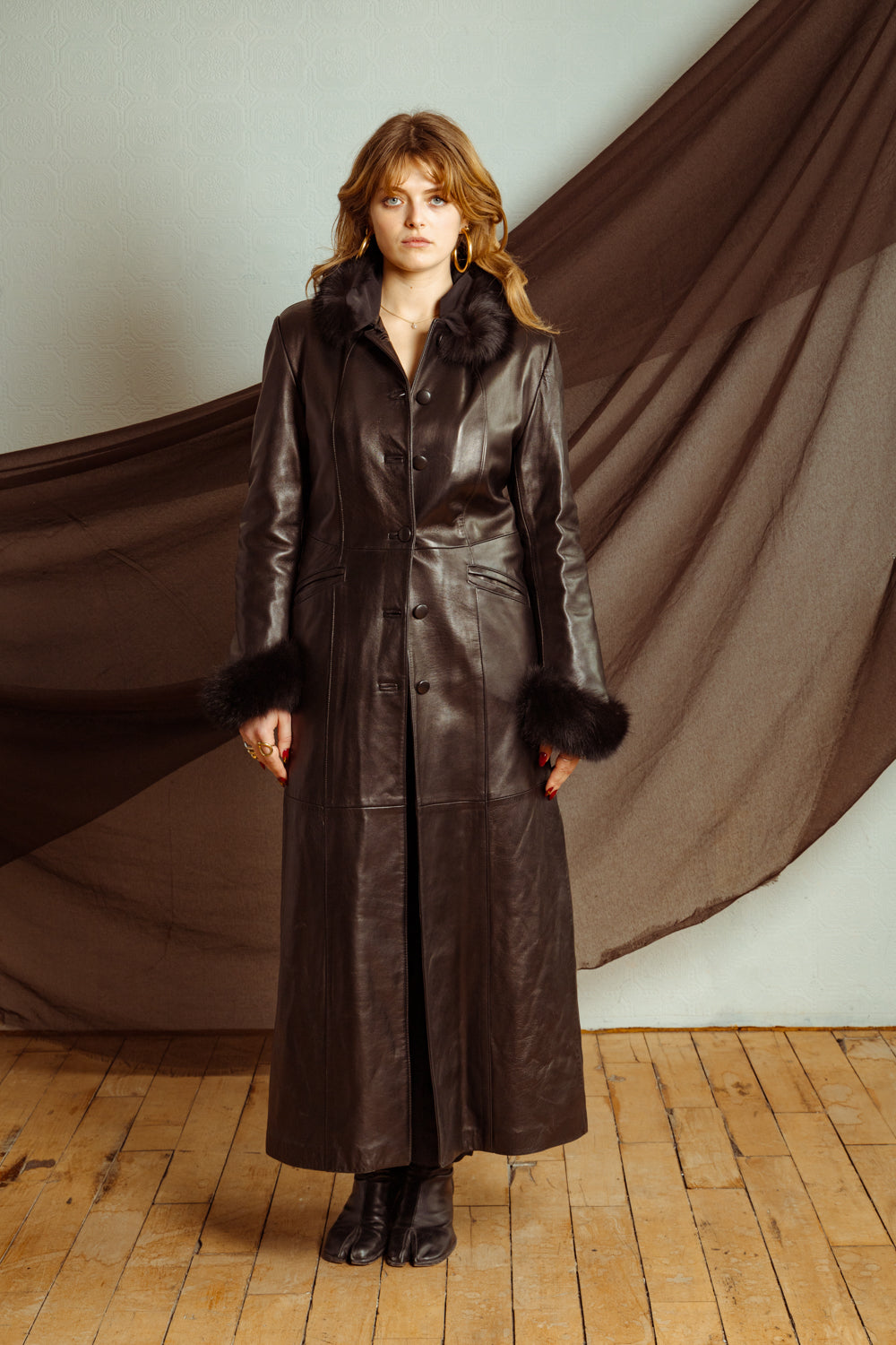 Vintage Late 80s Long Black Leather Coat with Fur Collar