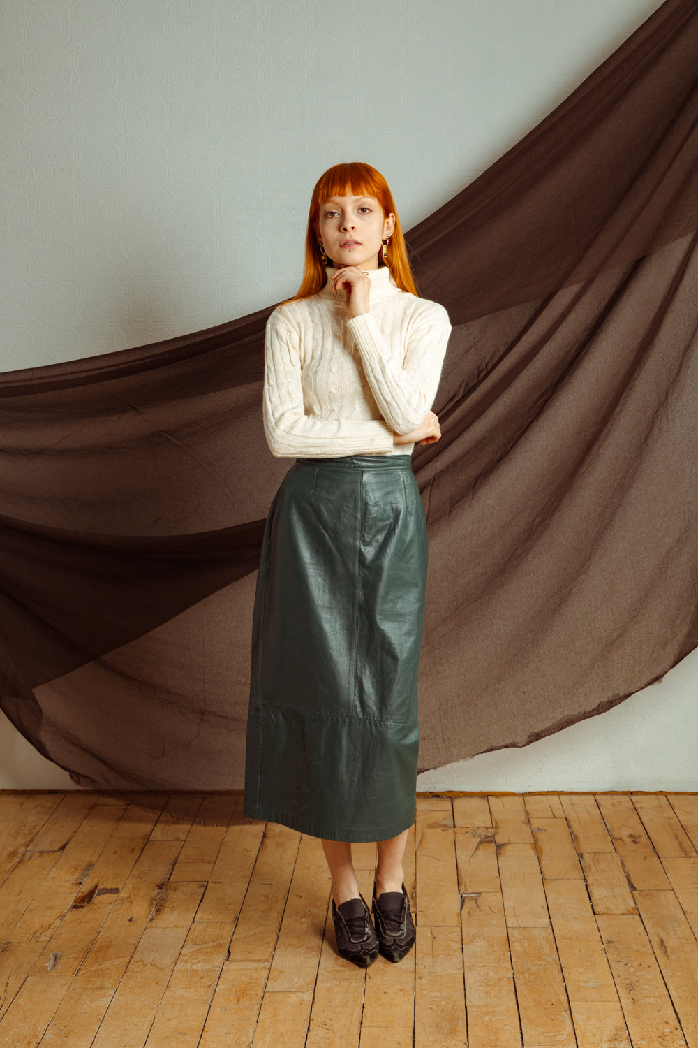 Vintage Forest Green High-Waist Leather Skirt