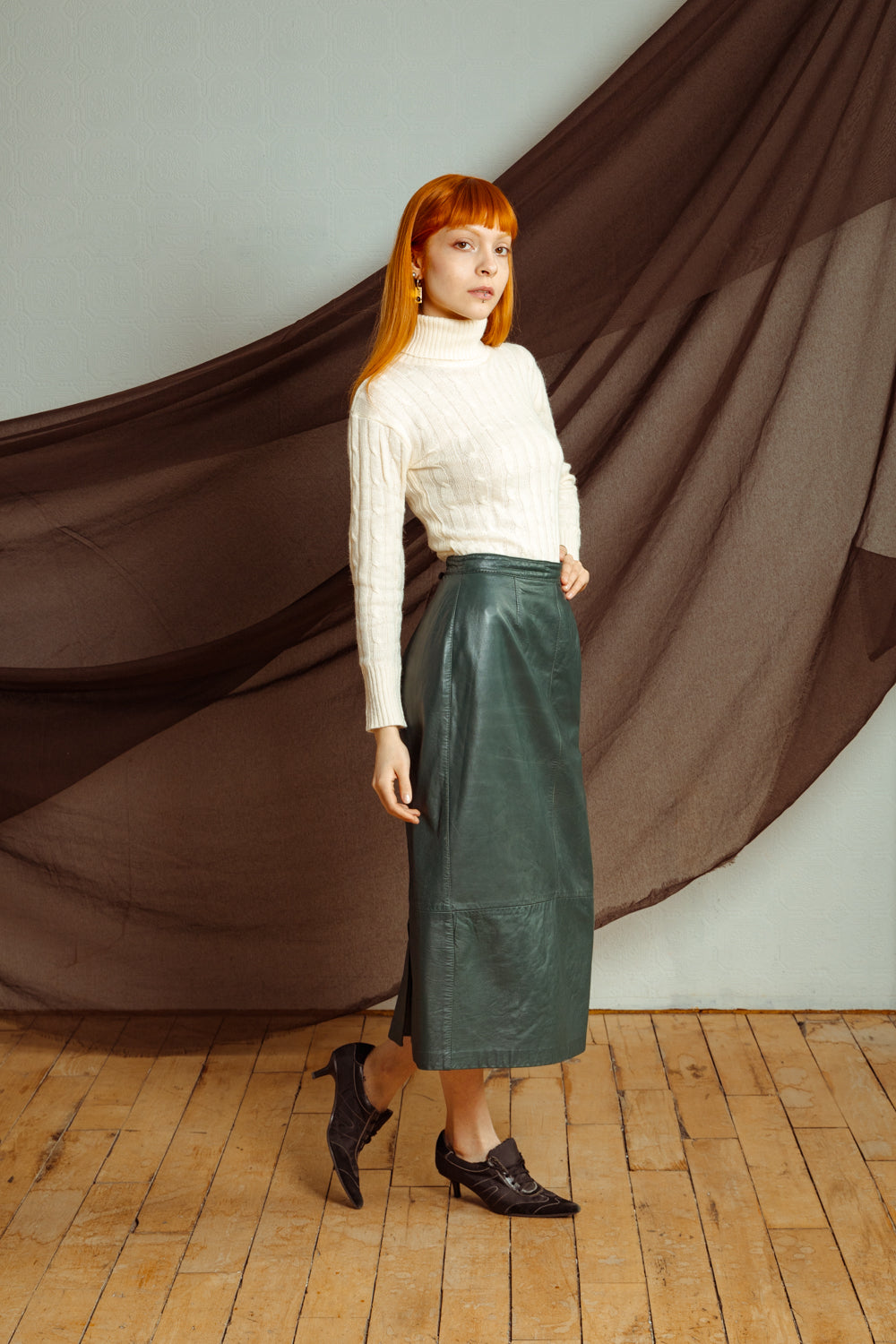 Vintage Forest Green High-Waist Leather Skirt