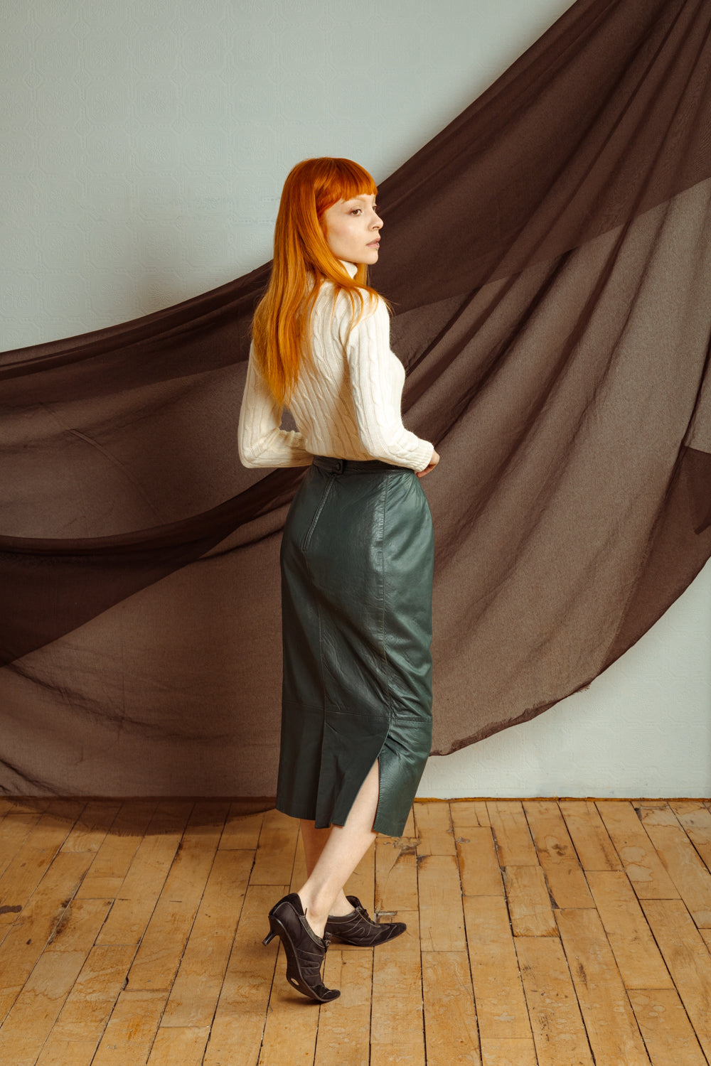 Vintage Forest Green High-Waist Leather Skirt