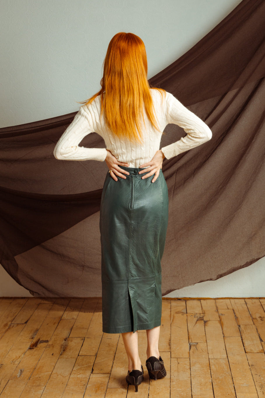 Vintage Forest Green High-Waist Leather Skirt