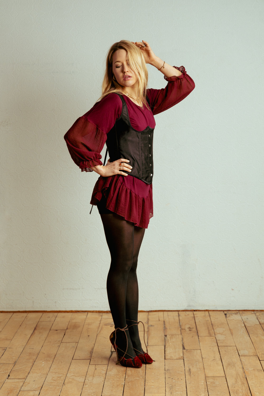 Deep Red Boho Shirt with Ruffle Hem