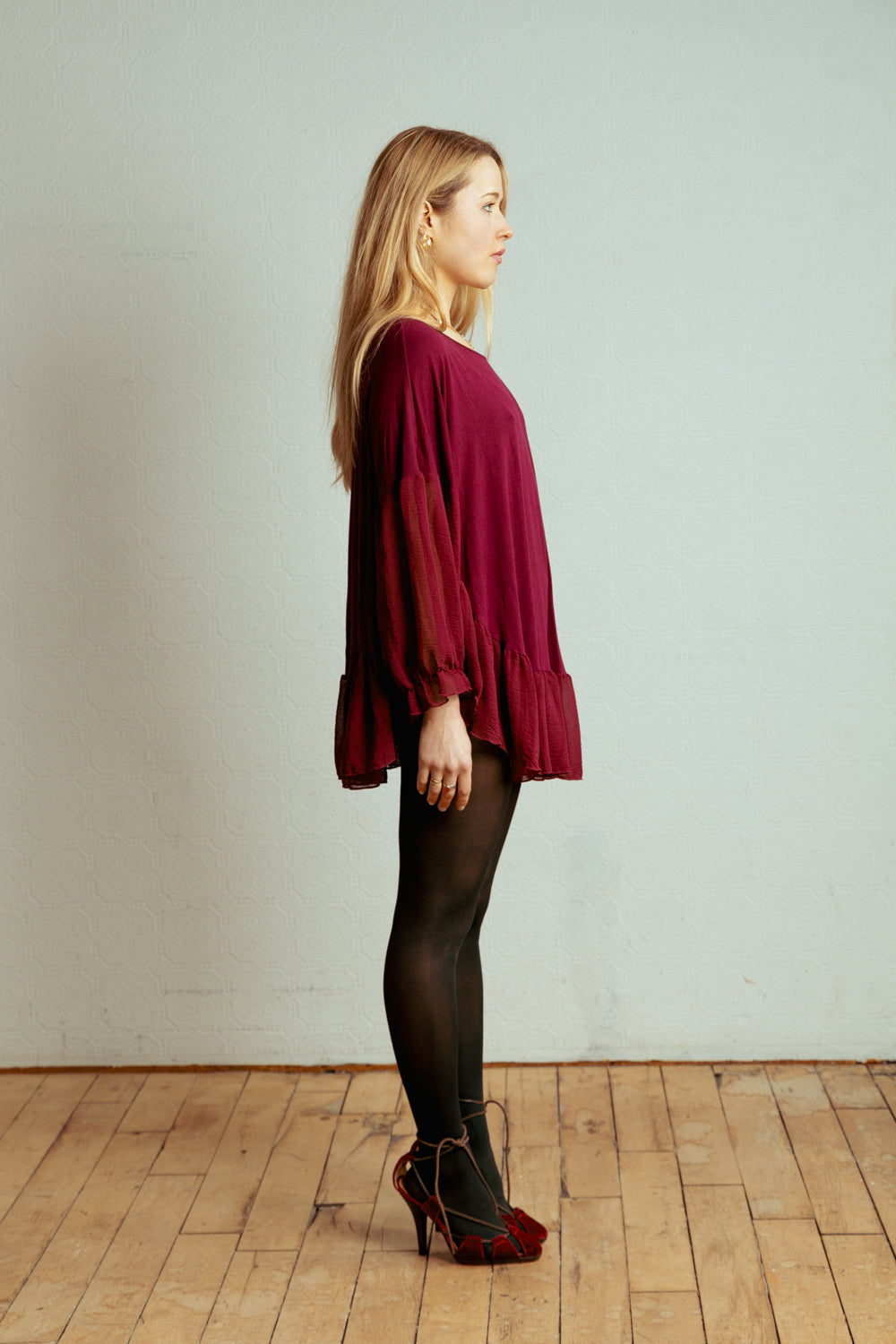 Deep Red Boho Shirt with Ruffle Hem