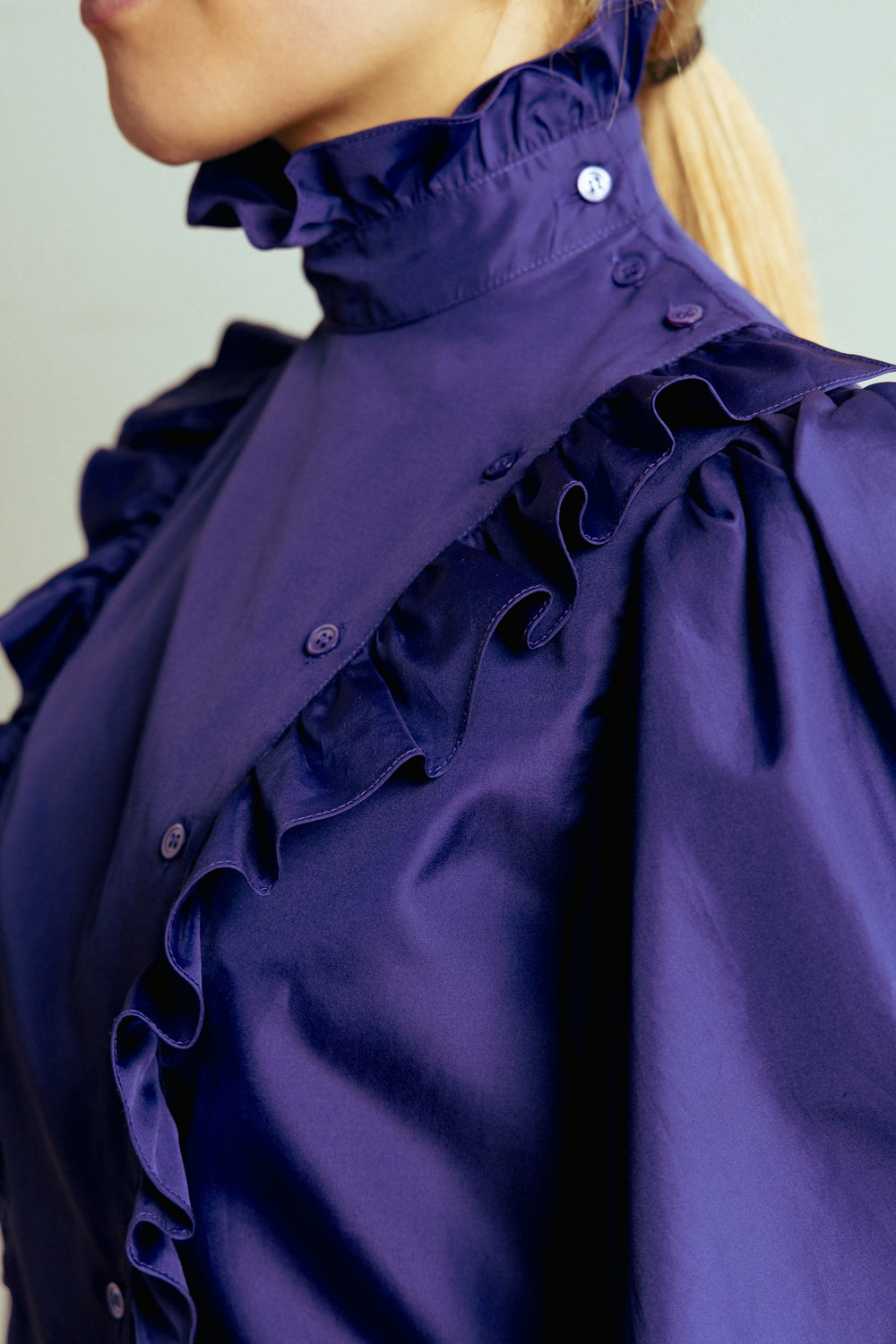 Vintage 80s Lightweight Purple Blouse with Poofy Sleeves and High Neck