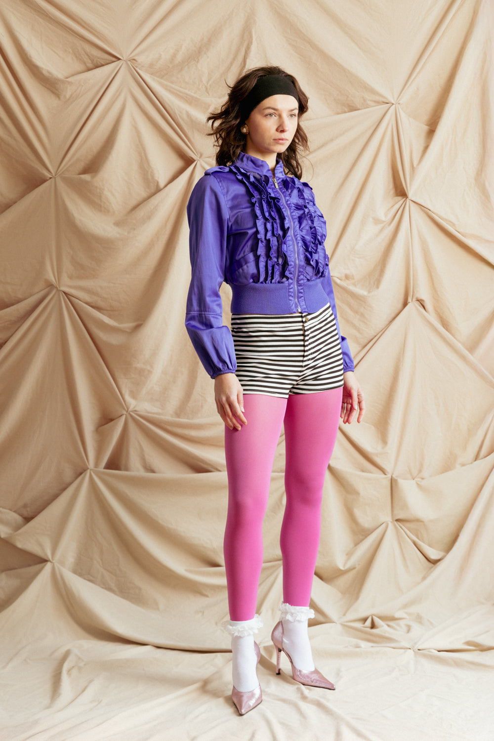 Vintage Purple Cropped Jacket with Coquette Ruffle Detail
