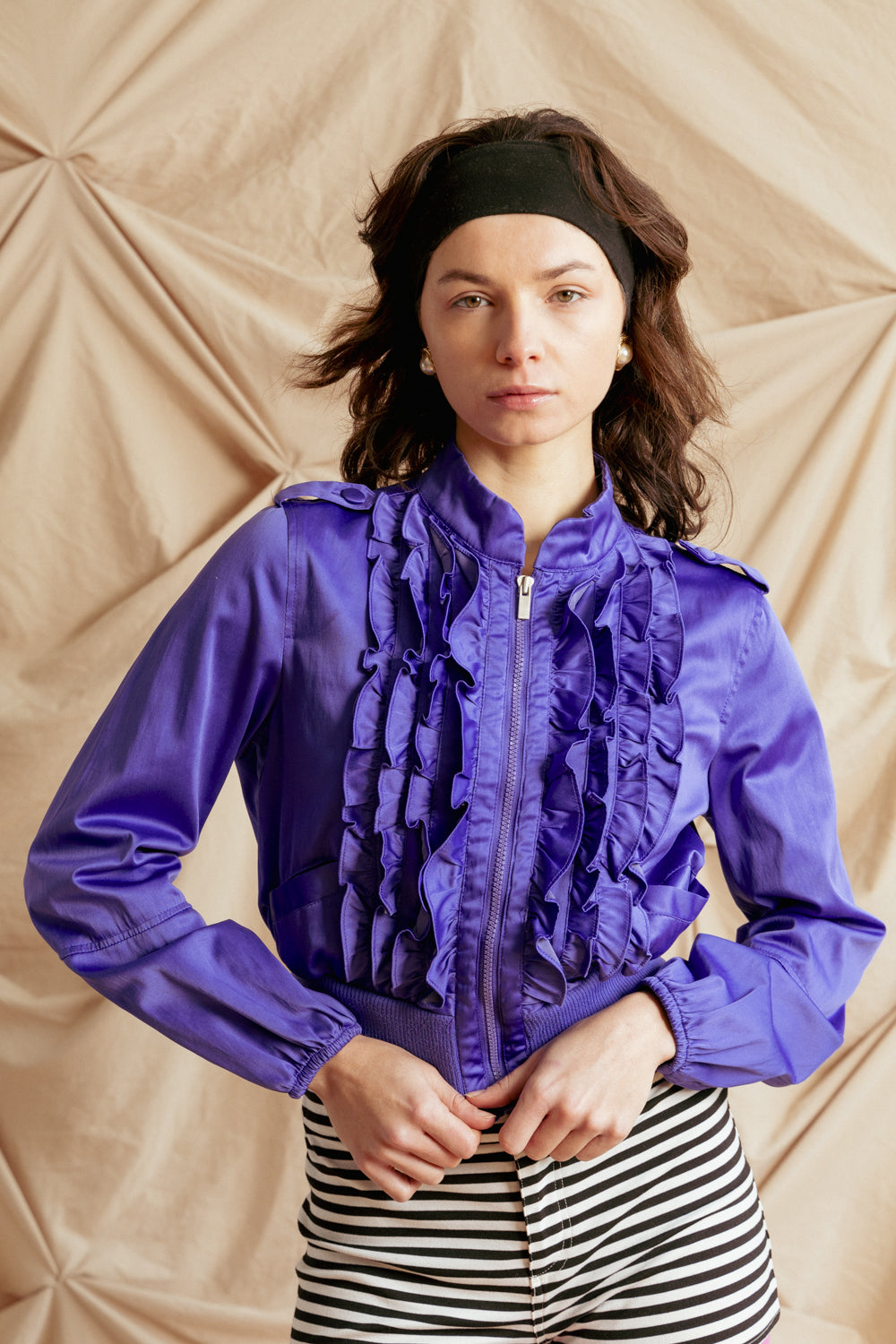 Vintage Purple Cropped Jacket with Coquette Ruffle Detail