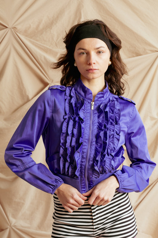 Vintage Purple Cropped Jacket with Coquette Ruffle Detail